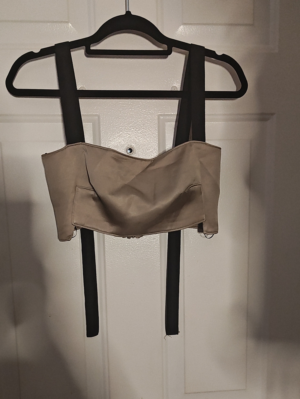 Beige Strapless Bustier Crop Top with Black Straps